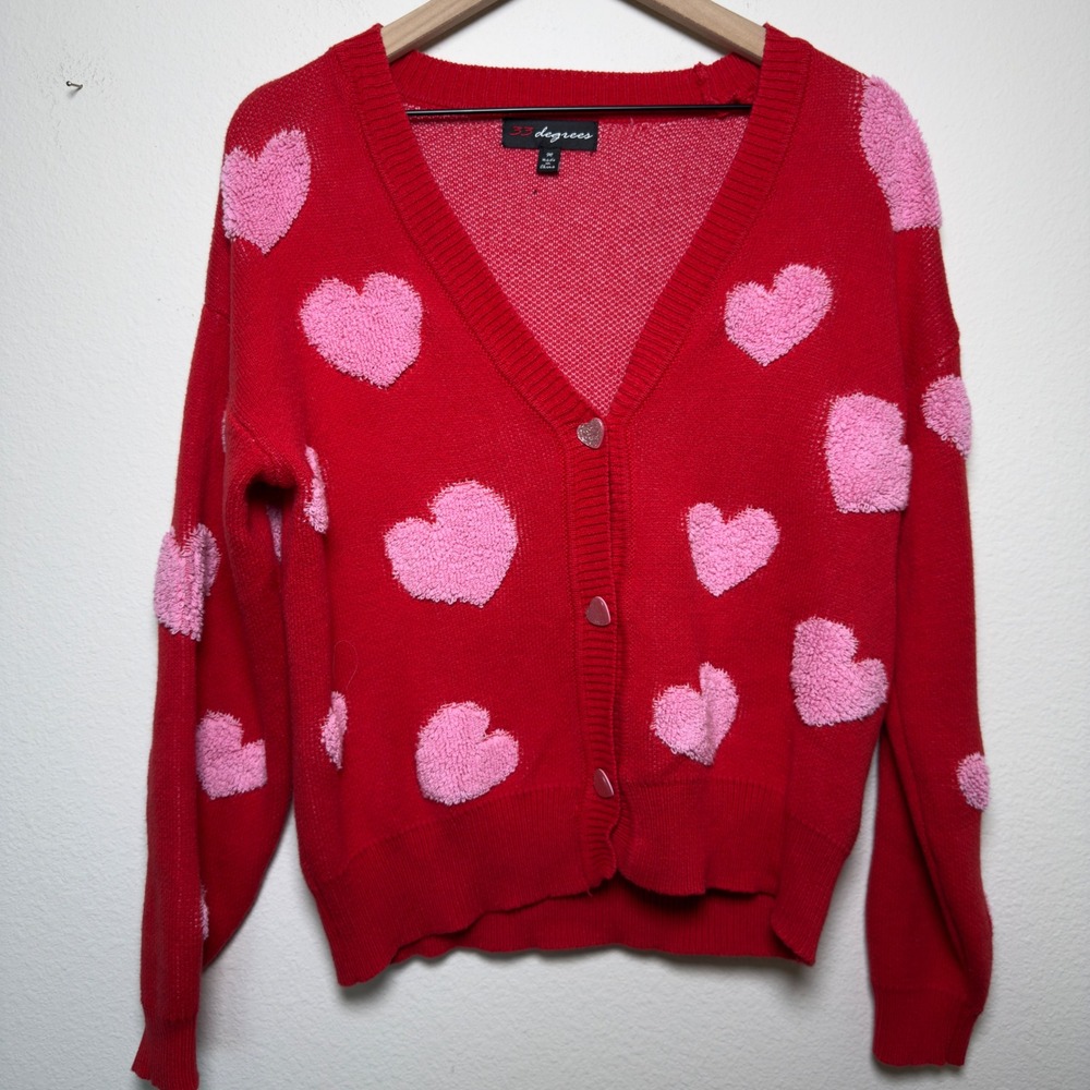 33 Degrees Women Cardigan Sweater Medium Red Pink Fuzzy Heart Preppy Novelty